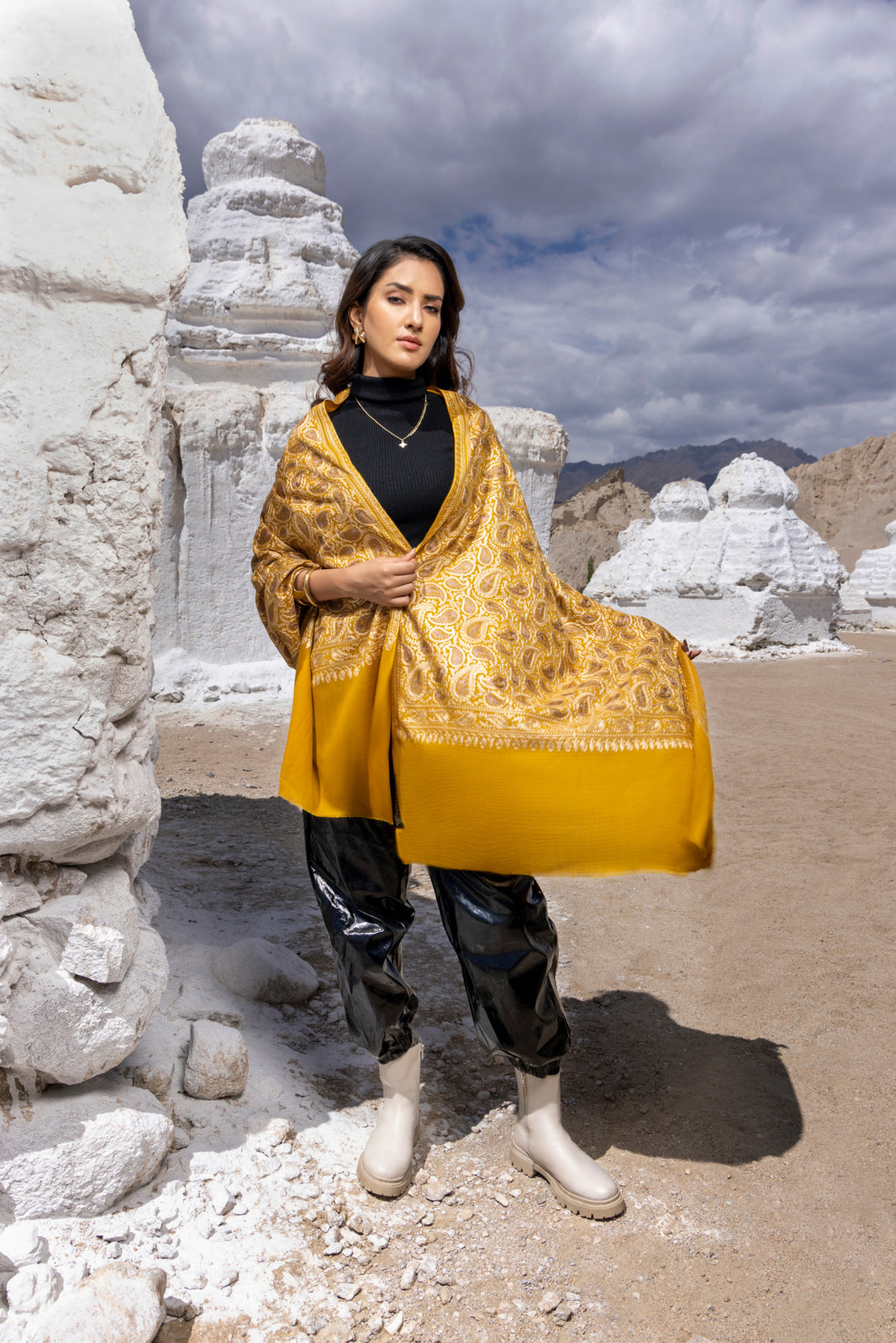 Traditional Aari Embroidered Woollen Stole for Women- Mellow Yellow/ Mustard Mirage