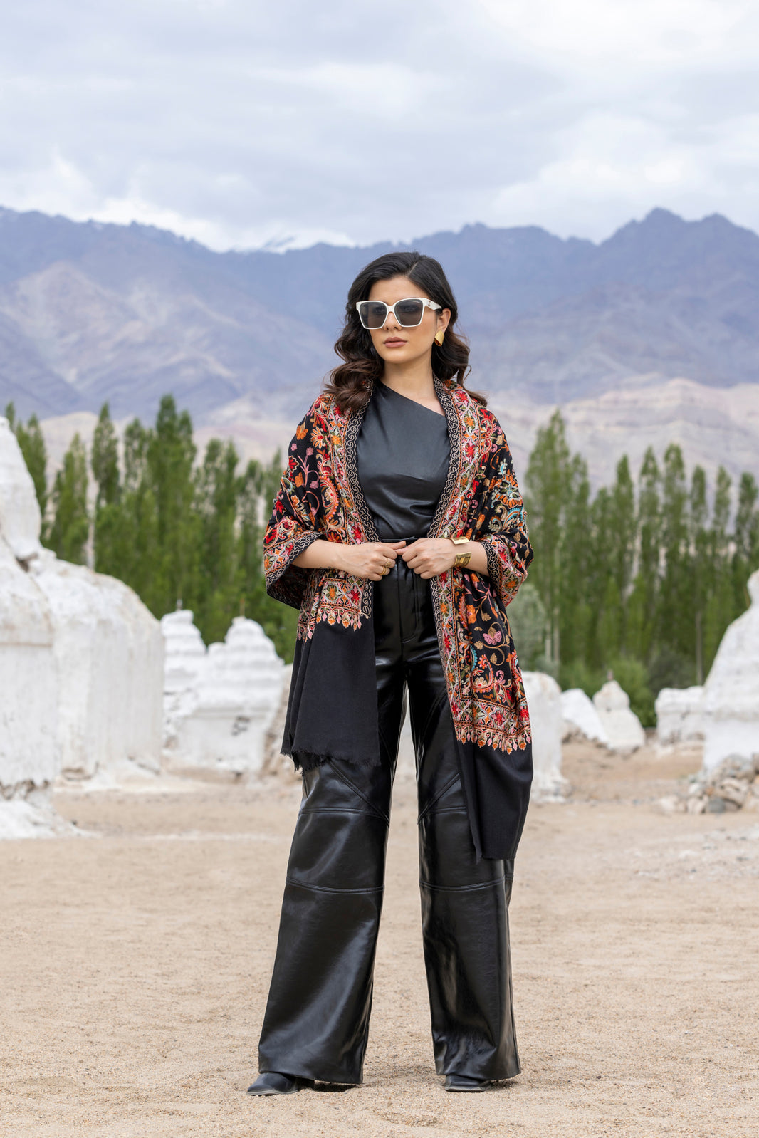 Wool Silk Embroidery Floral Stole for Women - Midnight Bloom