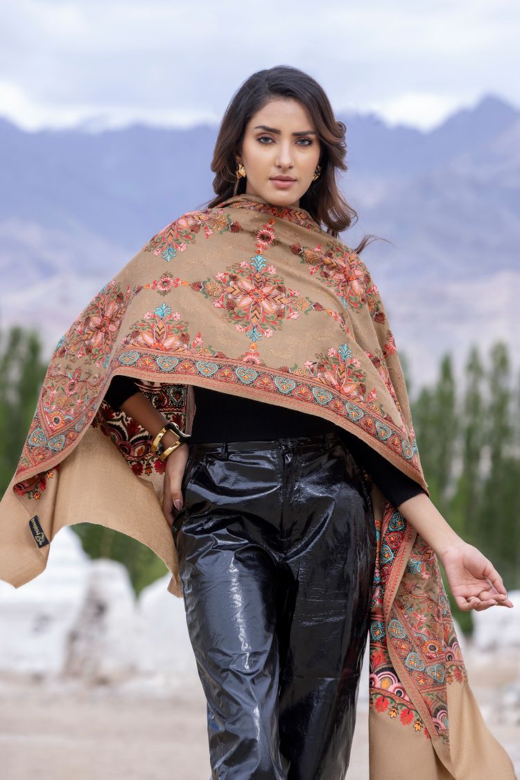 Wool Silk Embroidery Stole for Women - Nude Elegance