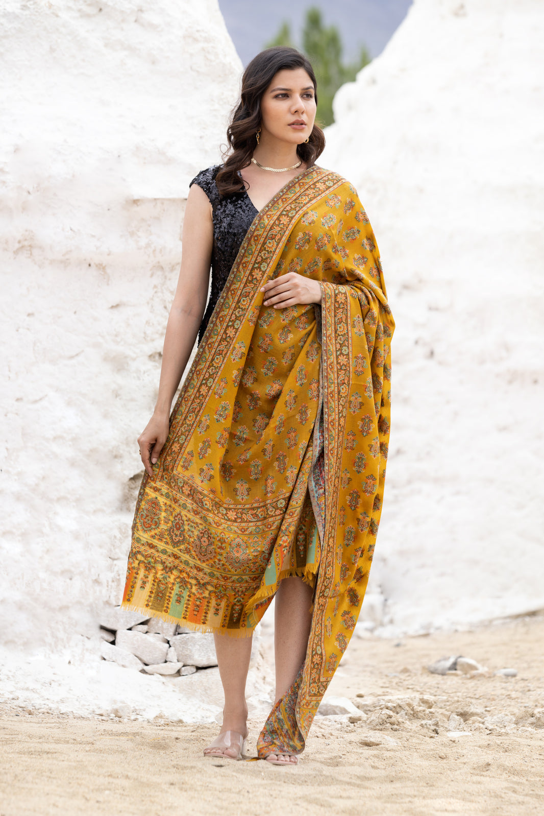 Women's Wool Blend Antique Shawl with Booti Design - Mustard Yellow