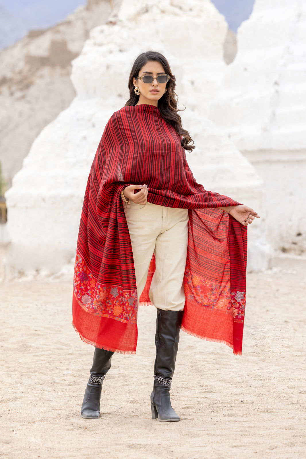 Women's Stripe Fine Wool Shawl with Jaquard Border - Crimson Red