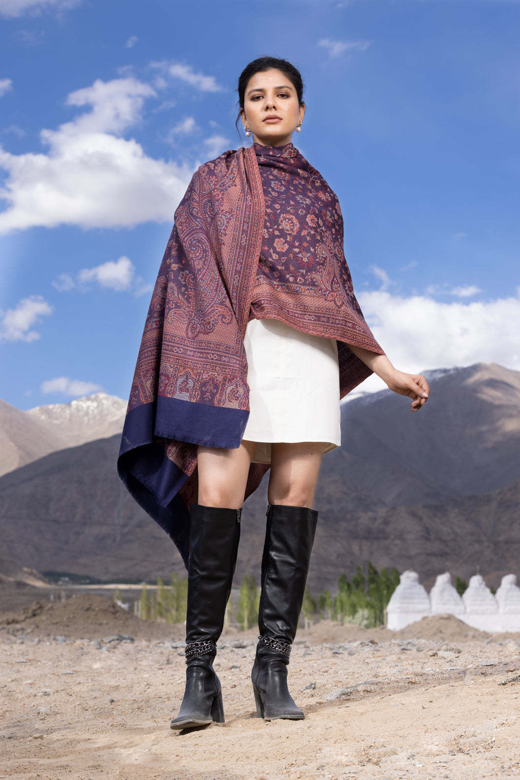 Women's Traditional Pashmina Faux Shawl- Blue Velvet