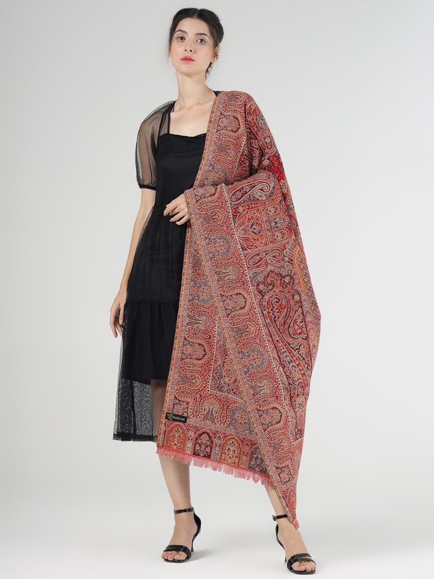 Faux Pashmina Traditional Paisley Jamawar Shawl – Crimson Elegance