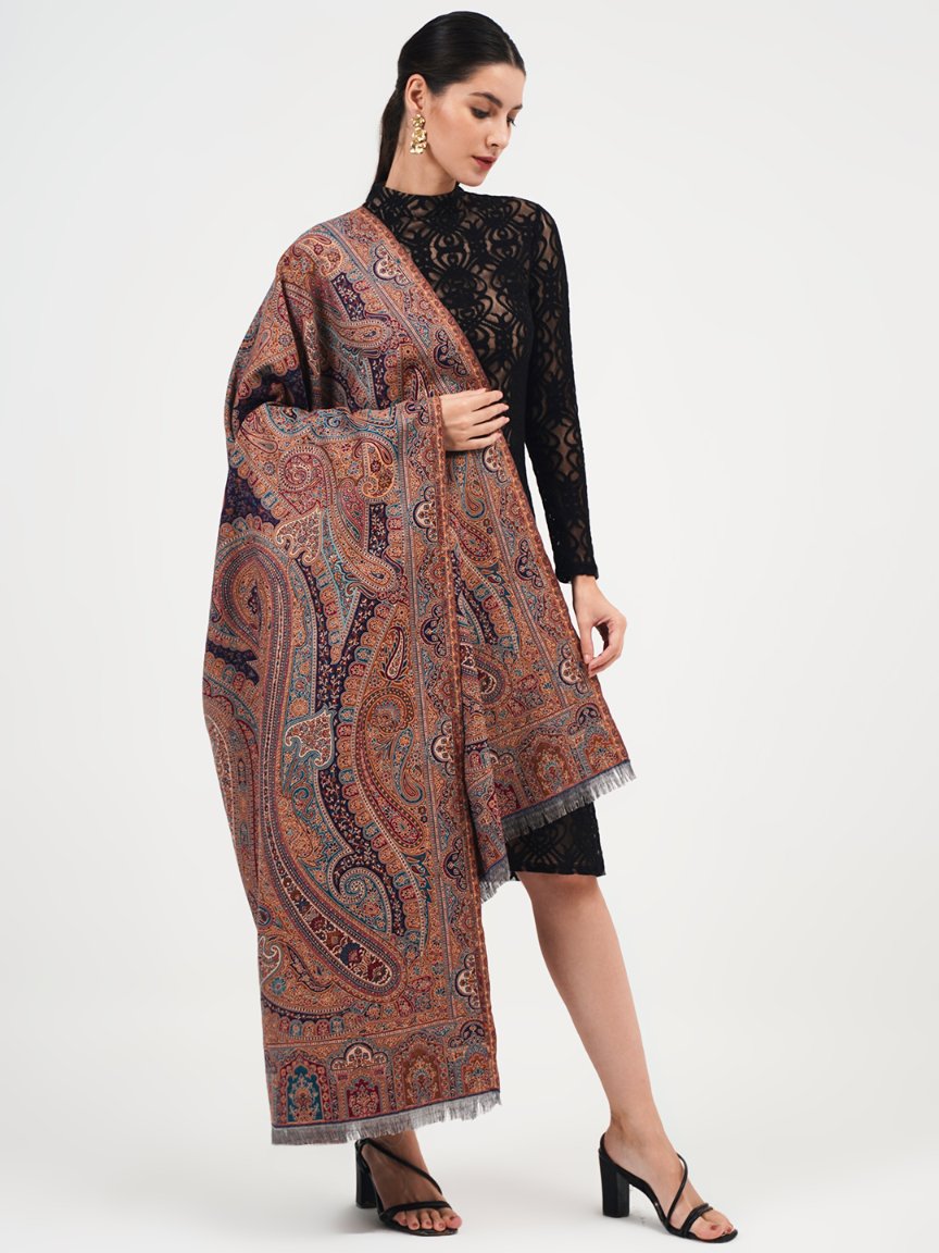 Faux Pashmina Traditional Paisley Jamawar Shawl - Midnight Grace