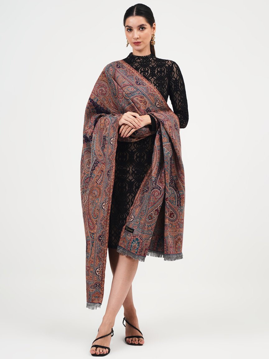 Faux Pashmina Traditional Paisley Jamawar Shawl - Midnight Grace