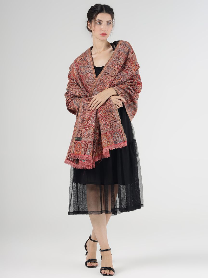 Faux Pashmina Traditional Paisley Jamawar Shawl – Crimson Elegance