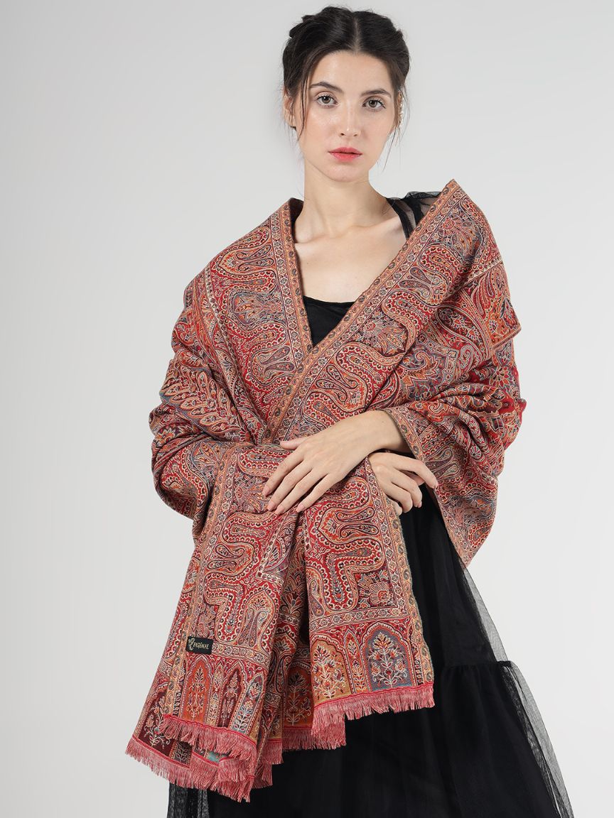 Faux Pashmina Traditional Paisley Jamawar Shawl – Crimson Elegance
