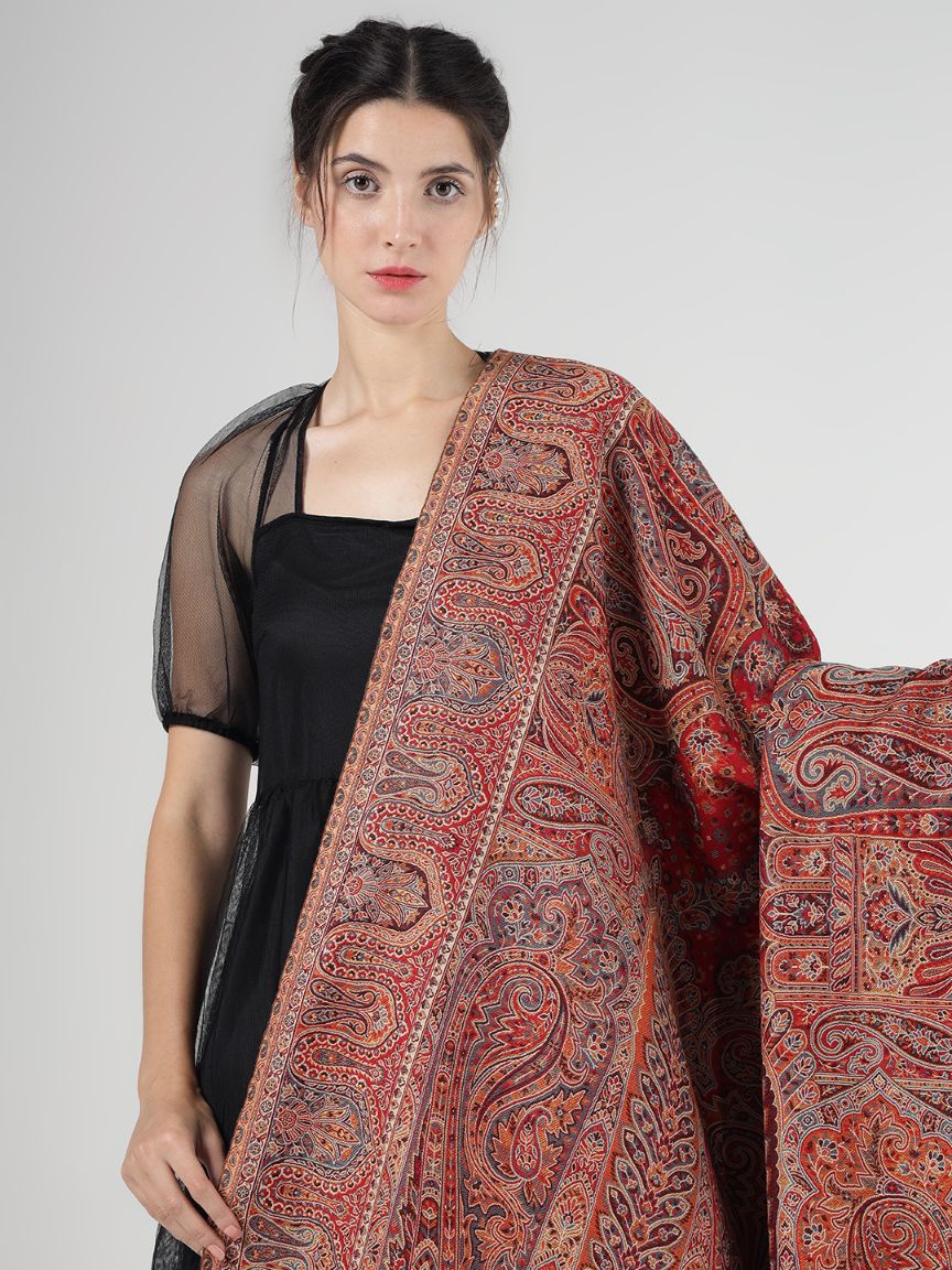 Faux Pashmina Traditional Paisley Jamawar Shawl – Crimson Elegance