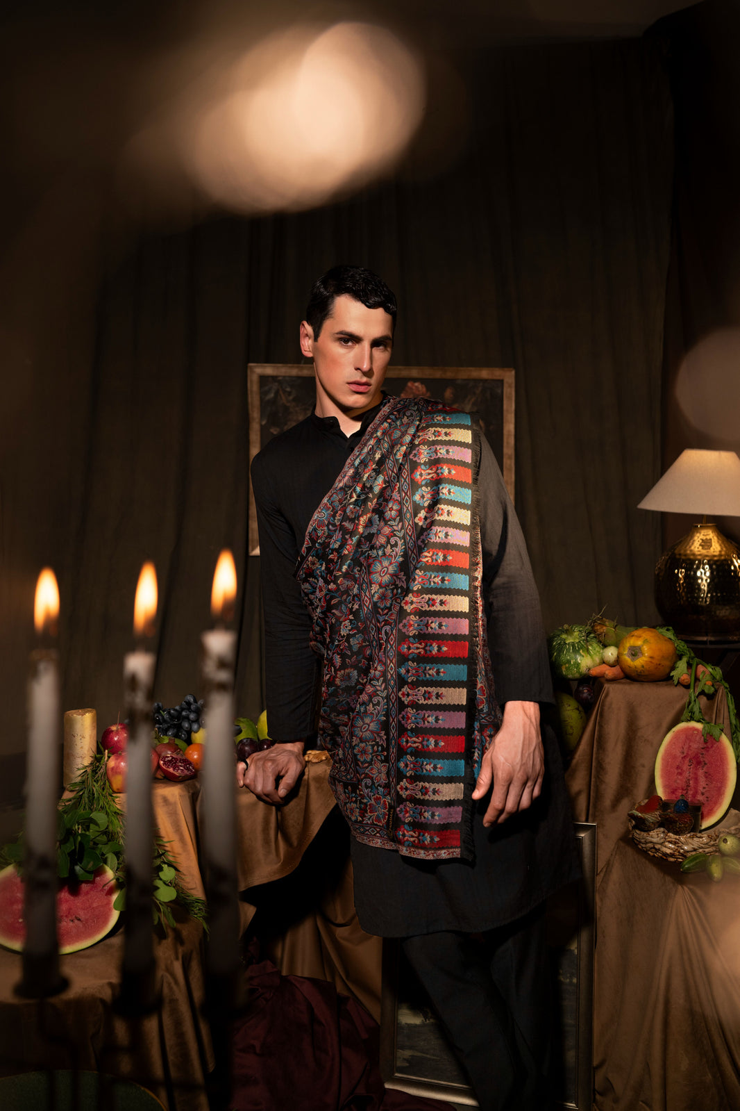 Antique Kashmiri Kani Stole with Sarvosk for Men - Charcoal Elegance