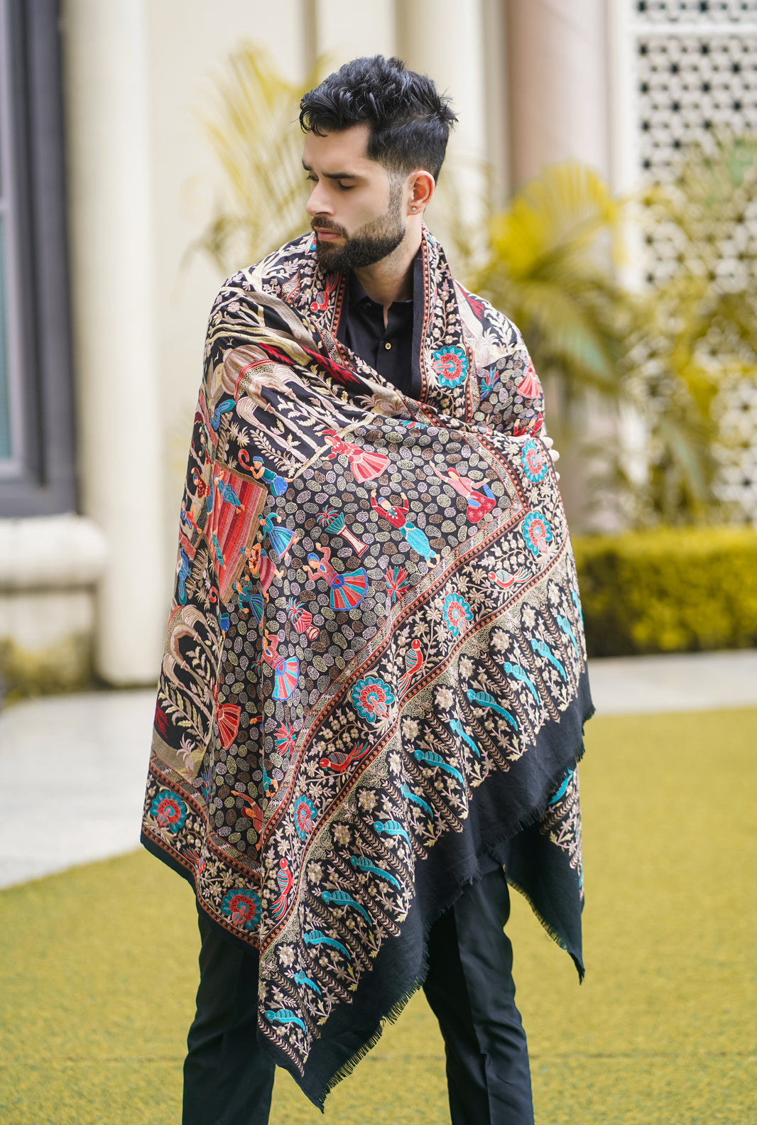 Premium Wool Silk Blend Mughal Darbaar Shawl for Men - Royal Black