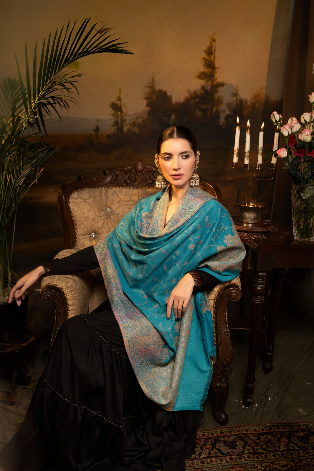 Faux Pashmina Traditional Jamawar Multy Shawl - Icy Blue | Full Size, Extra Soft