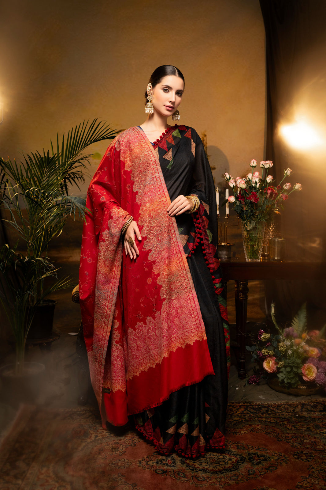 Faux Pashmina Traditional Jamawar Multy Shawl - Scarlet Red  | | Full Size, Extra Soft