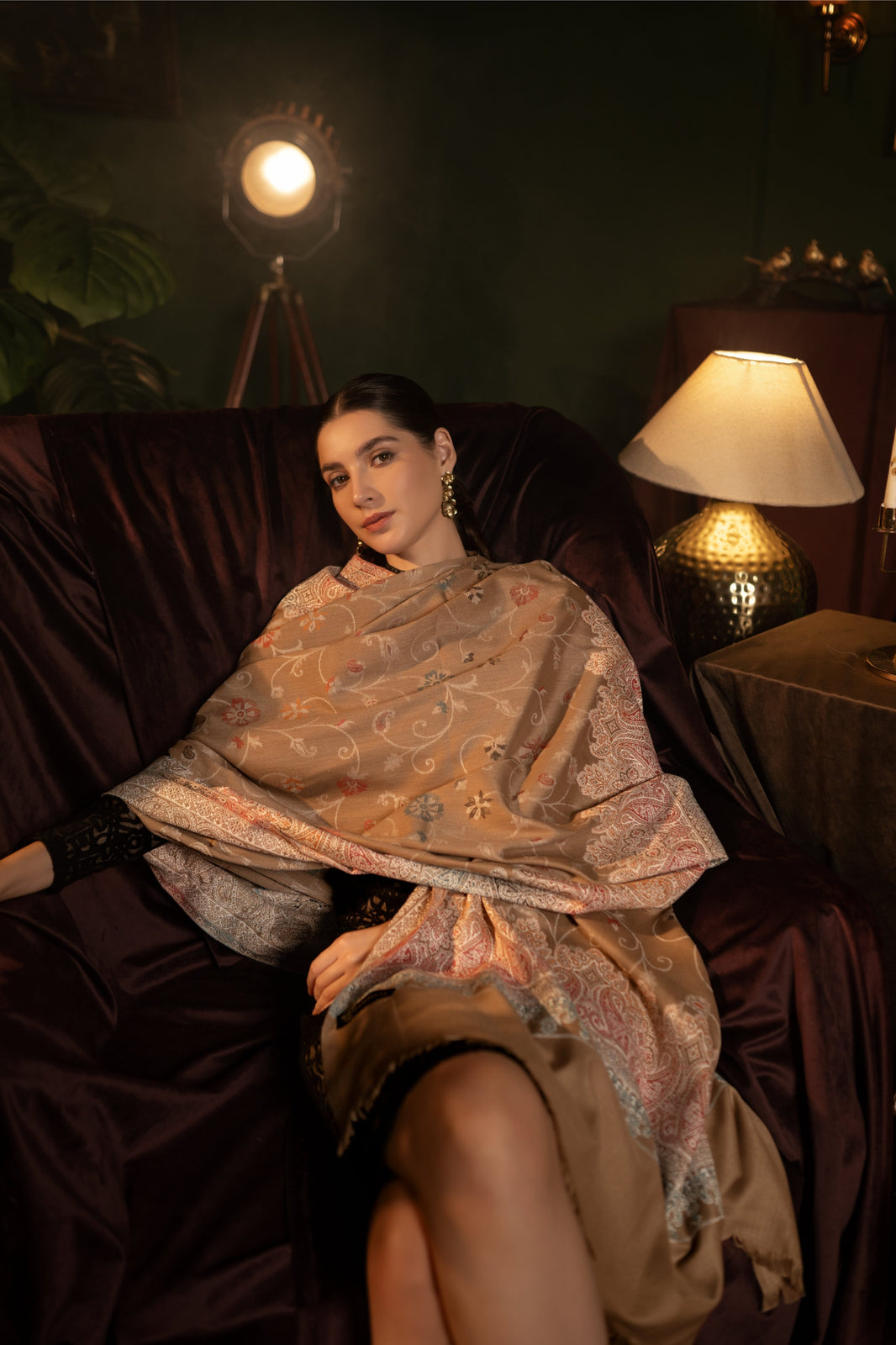 Faux Pashmina Traditional Jamawar Shawl -  Rich Caramel Charm