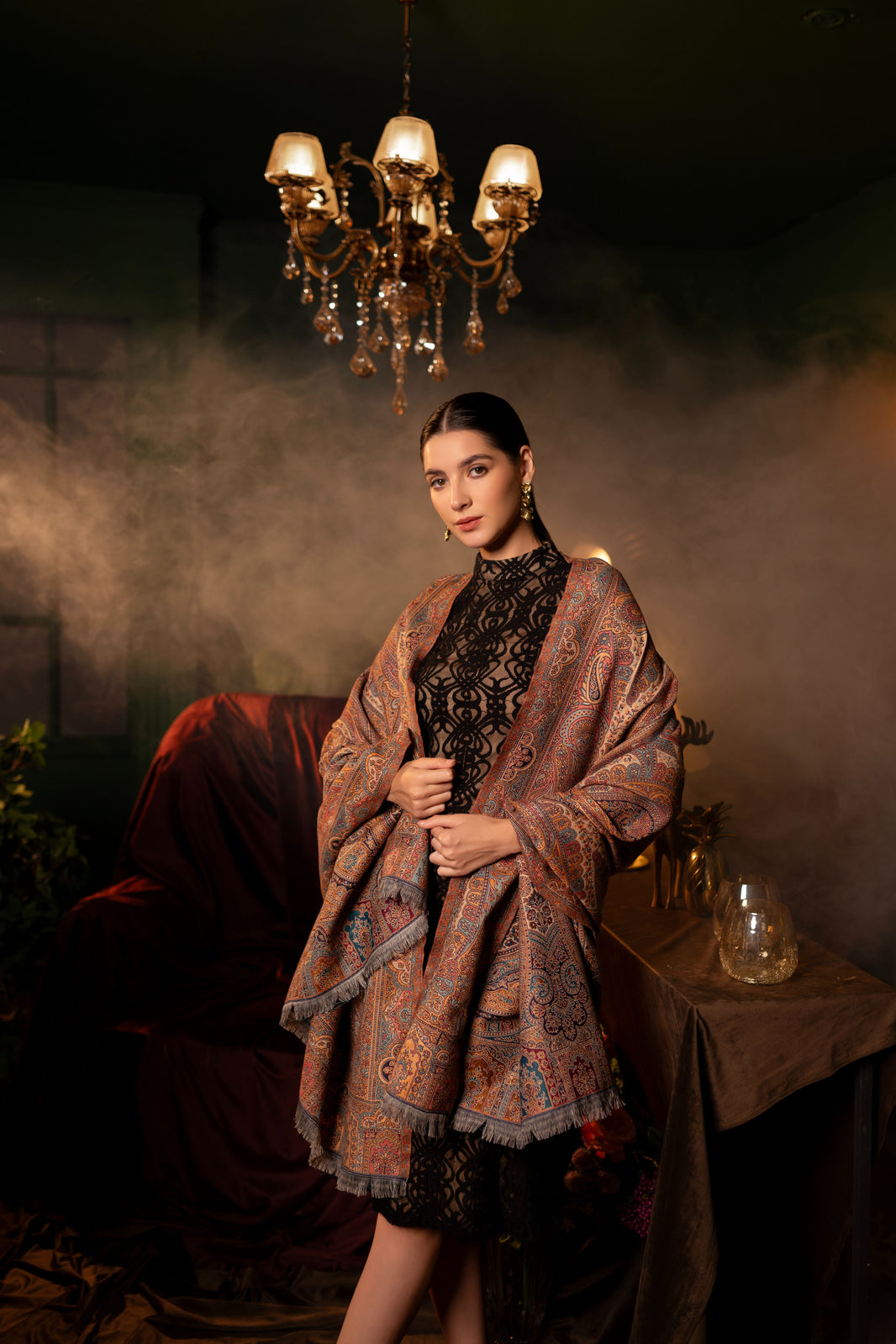 Faux Pashmina Traditional Paisley Jamawar Shawl - Midnight Grace