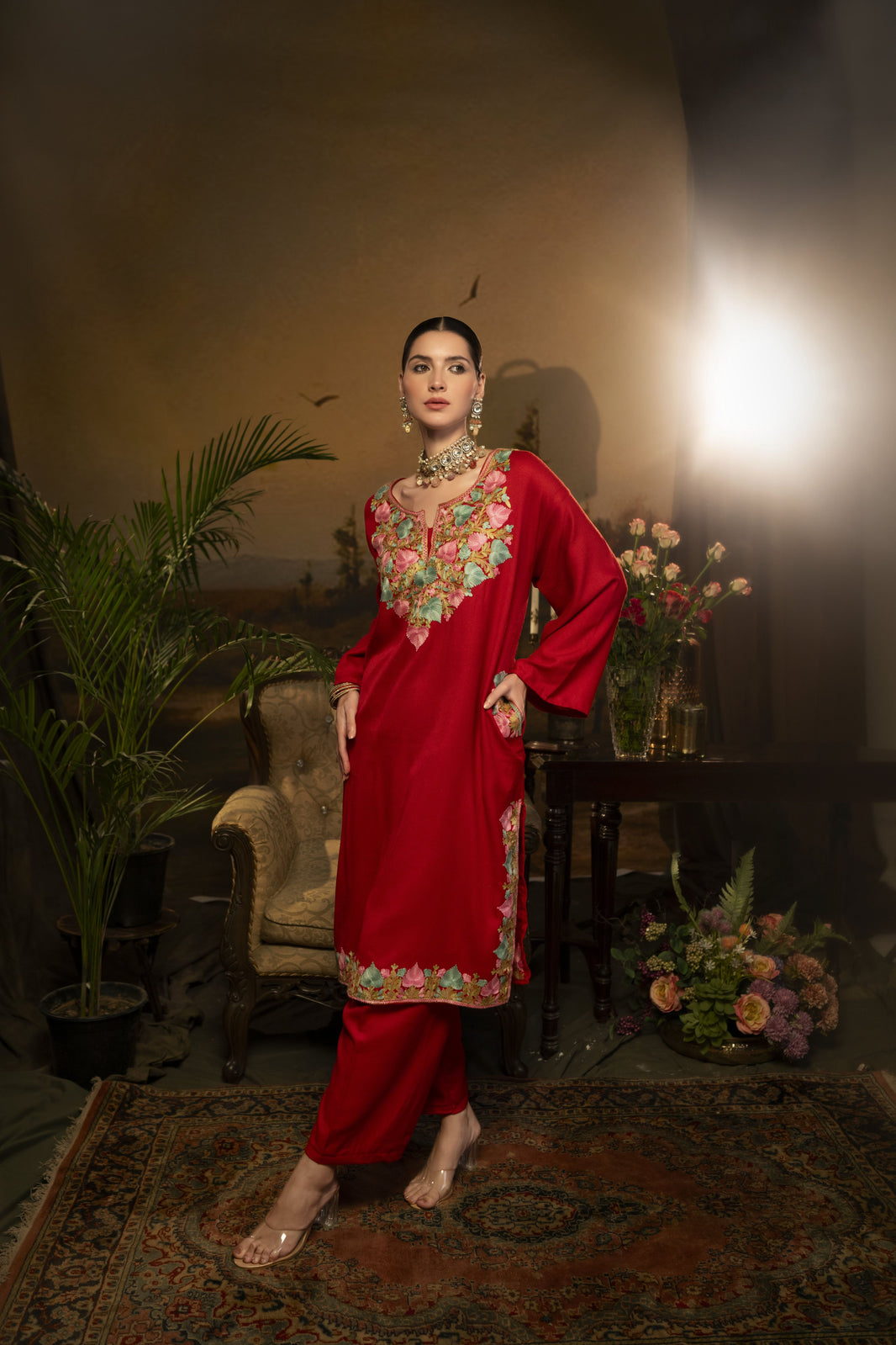 Pashmina Faux Acrylic Phiran Maroon Unstitched Suit for Women